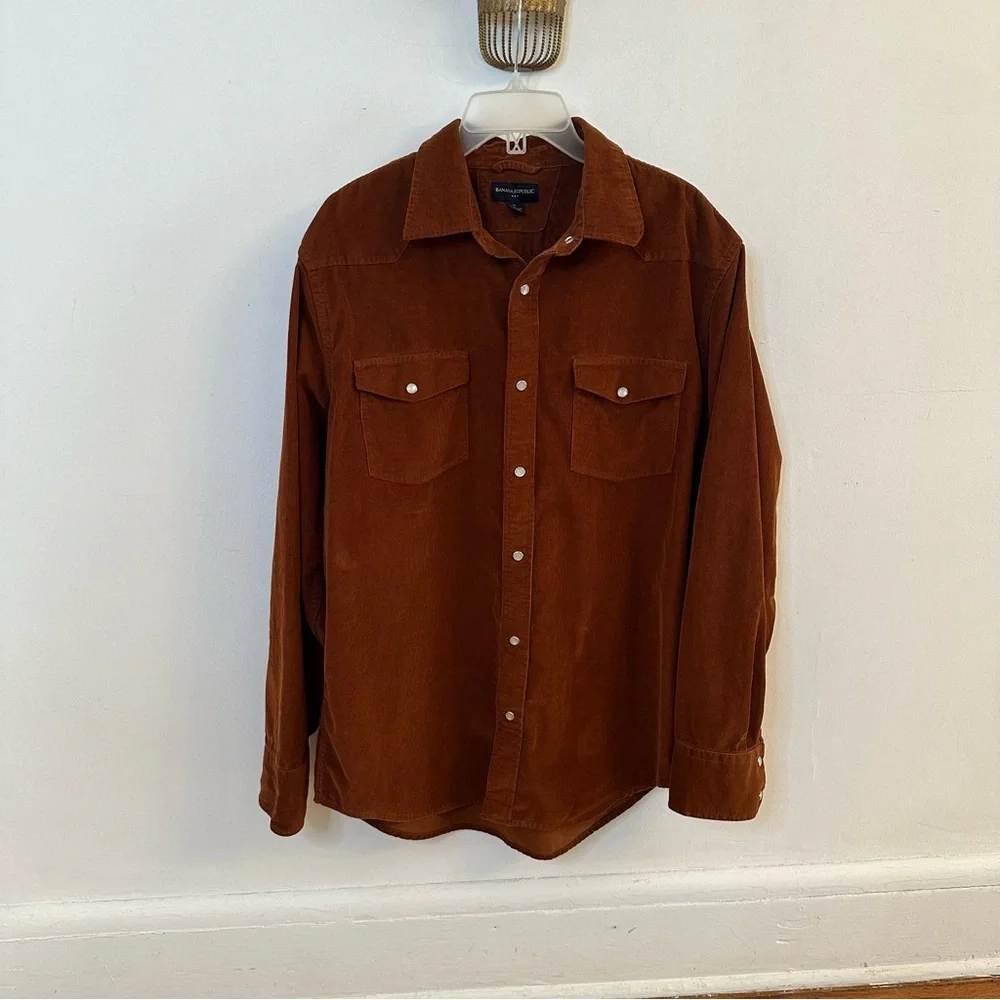 Banana Republic Pearl Snap Brown Corduroy Shirt, Size XL, Western Casual Cotton
